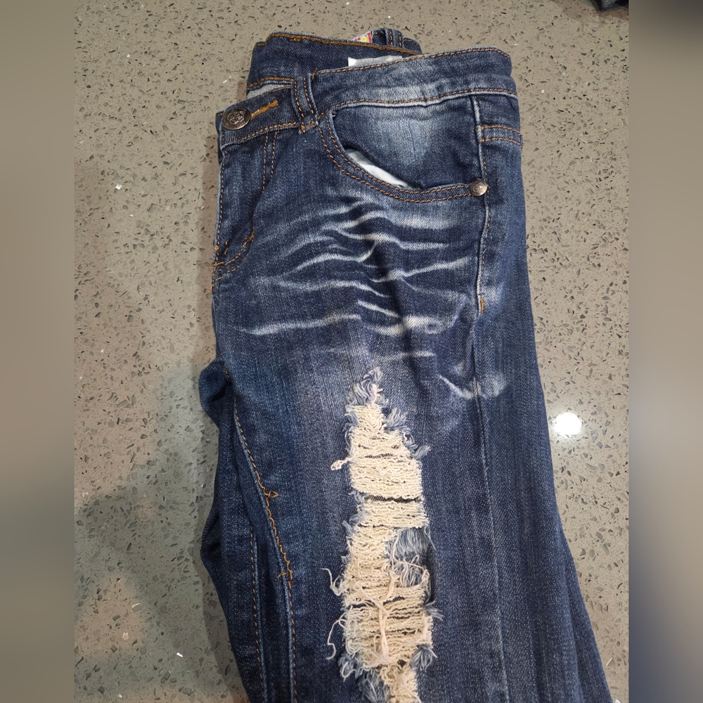 Machine Distressed Blue Jeans - Picture 6 of 6